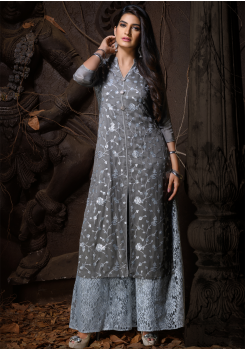 Grey Color Designer Chiffon Straight Cut Kurti